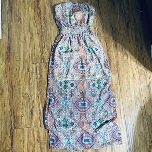 Pink Strapless Empire Waist Paisley Maxi Dress